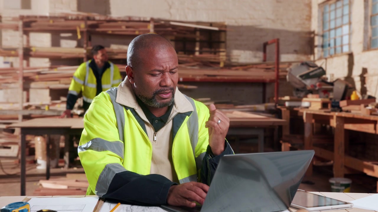 Mature Construction Manager Working on Laptop in Woodworking Workshop