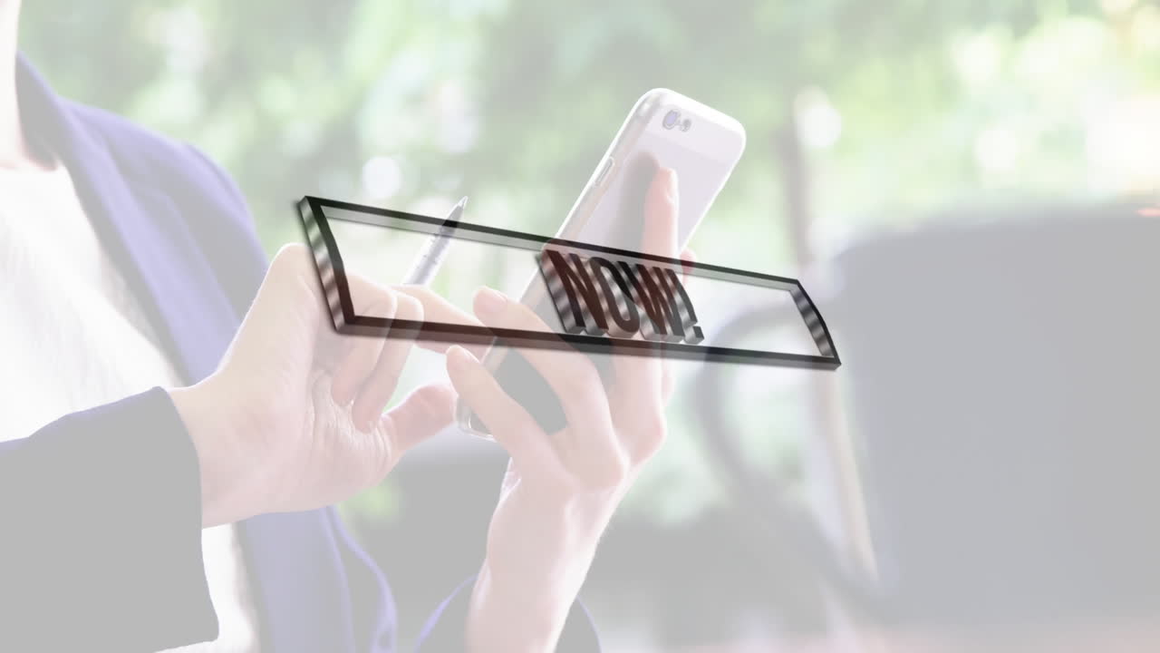 Hands holding smartphone with NOW text animation over green background