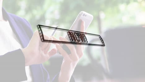 hands holding smartphone with now text animation over green background
