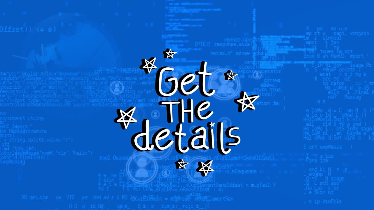 파란색 배경에 데이터 처리를 통해 세부 사항 텍스트를 얻는 애니메이션