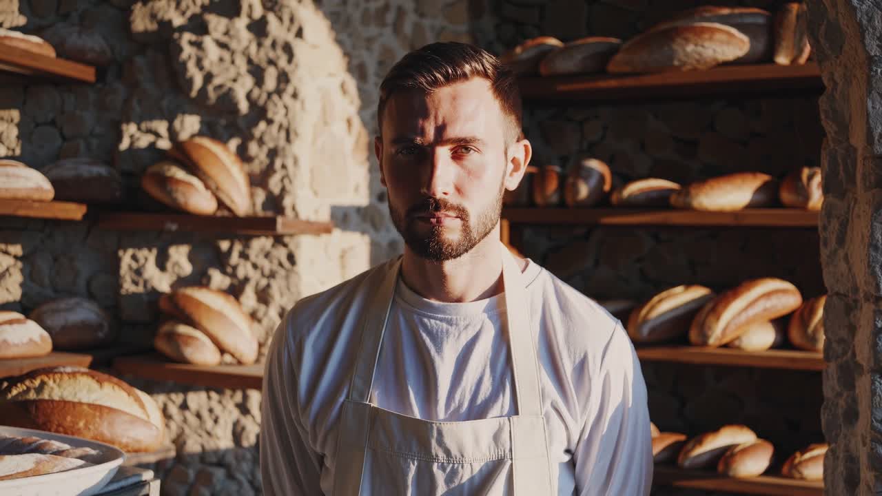 Confident baker wearing apron standing in the doorway of his traditional stone bakery, shelves filled with freshly baked loaves of bread create a warm and inviting atmosphere
