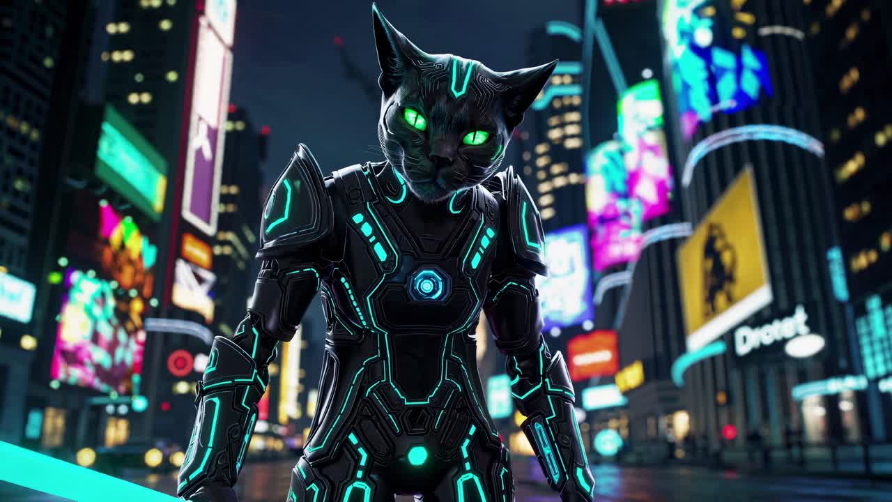Cyberpunk Cat Superhero in Night City