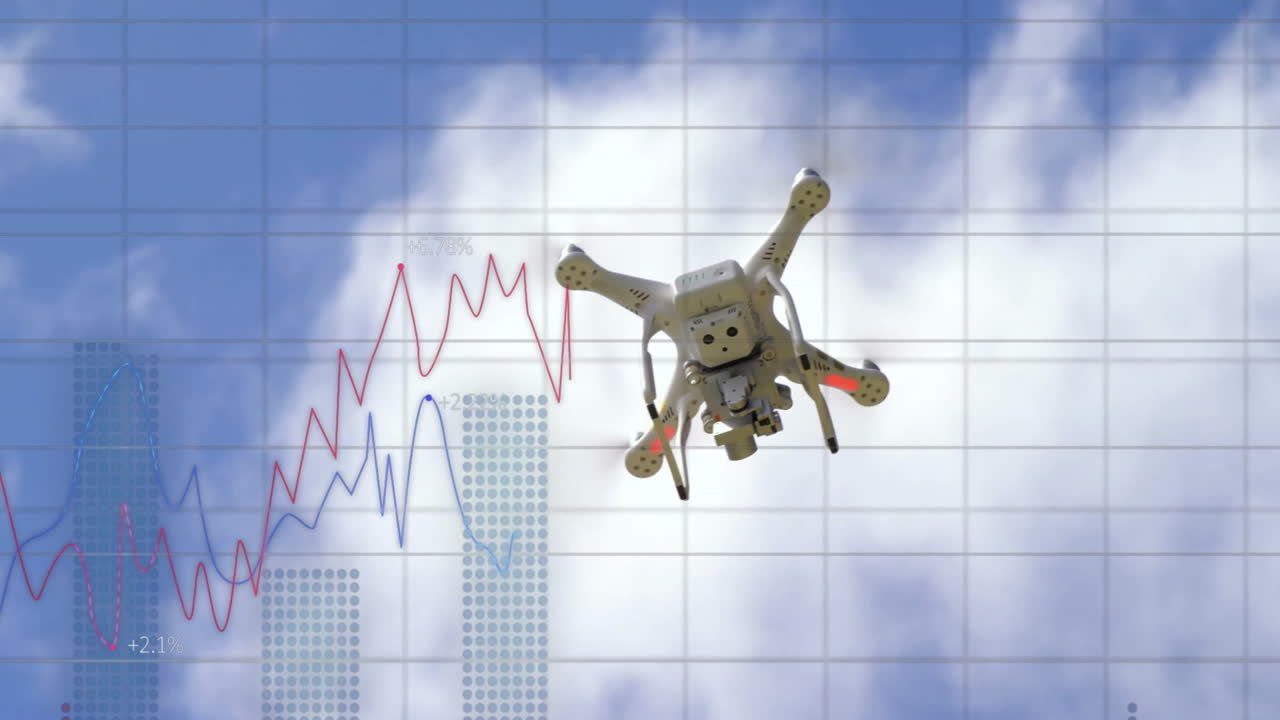 White quadcopter drone hovering over sky, animated scene showing grid with red blue line charts