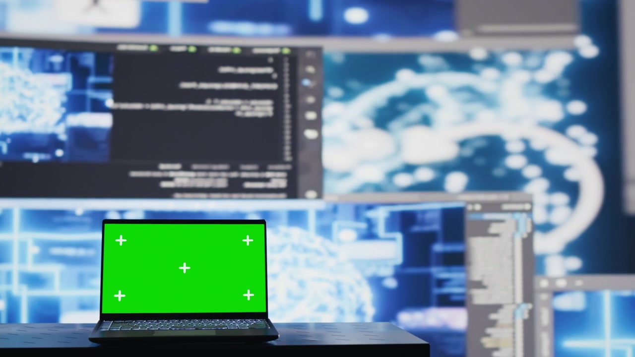 Interfaccia personalizzabile di laptop circondata da reti neurali e visualizzazione dati