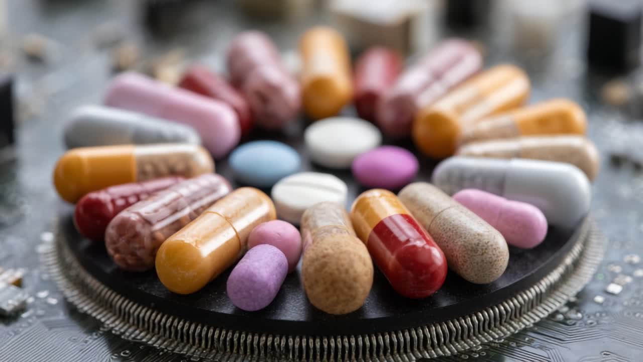 A Vibrant Arrangement of Various Capsules and Tablets Displayed on a Circuit Board, Highlighting the Intricacies of Pharmaceutical Design and Medication Diversity