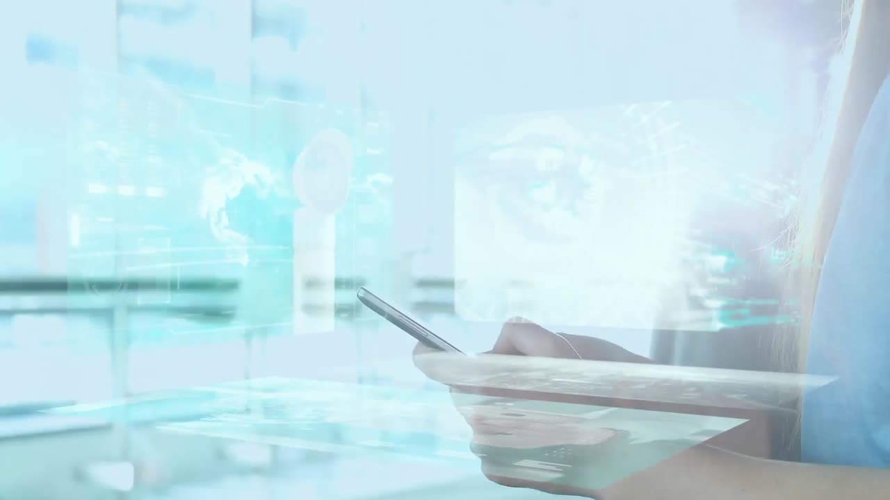 스마트 폰을 사용하는 사업가 여성에 대한 데이터 처리 애니메이션