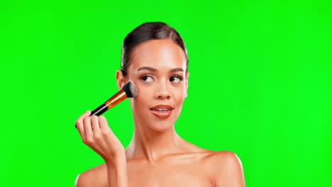 Beauty,-makeup-brush-and-woman-on-green-screen