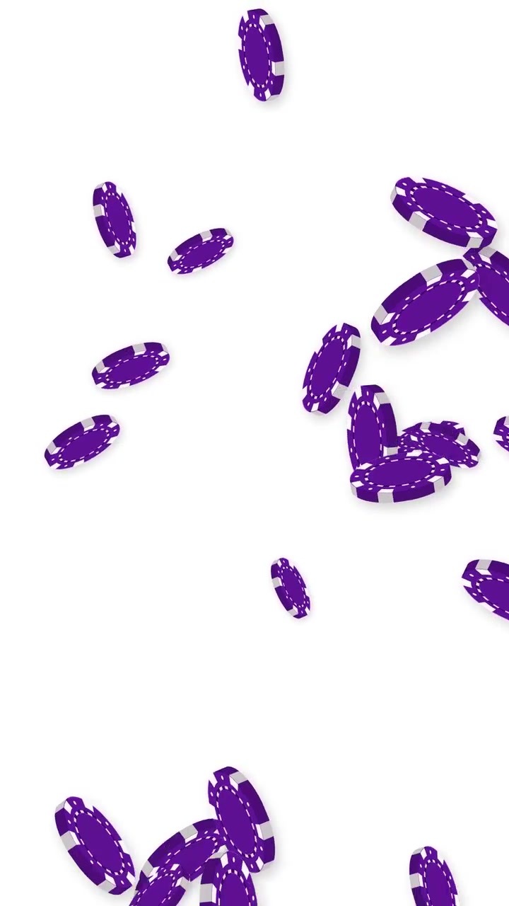 Purple gambling chips fall and bounce against a white background in a vertical orientation.