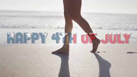 Animation-of-happy-4th-of-july-text-with-american-flag-pattern-over-woman-walking-on-beach