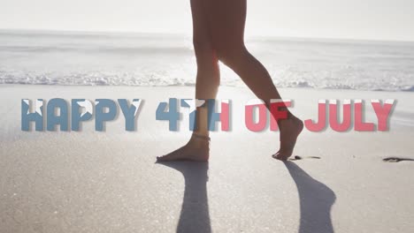 animation of happy 4th of july text with american flag pattern over woman walking on beach