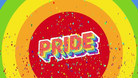 animation of confetti over pride on round rainbow background