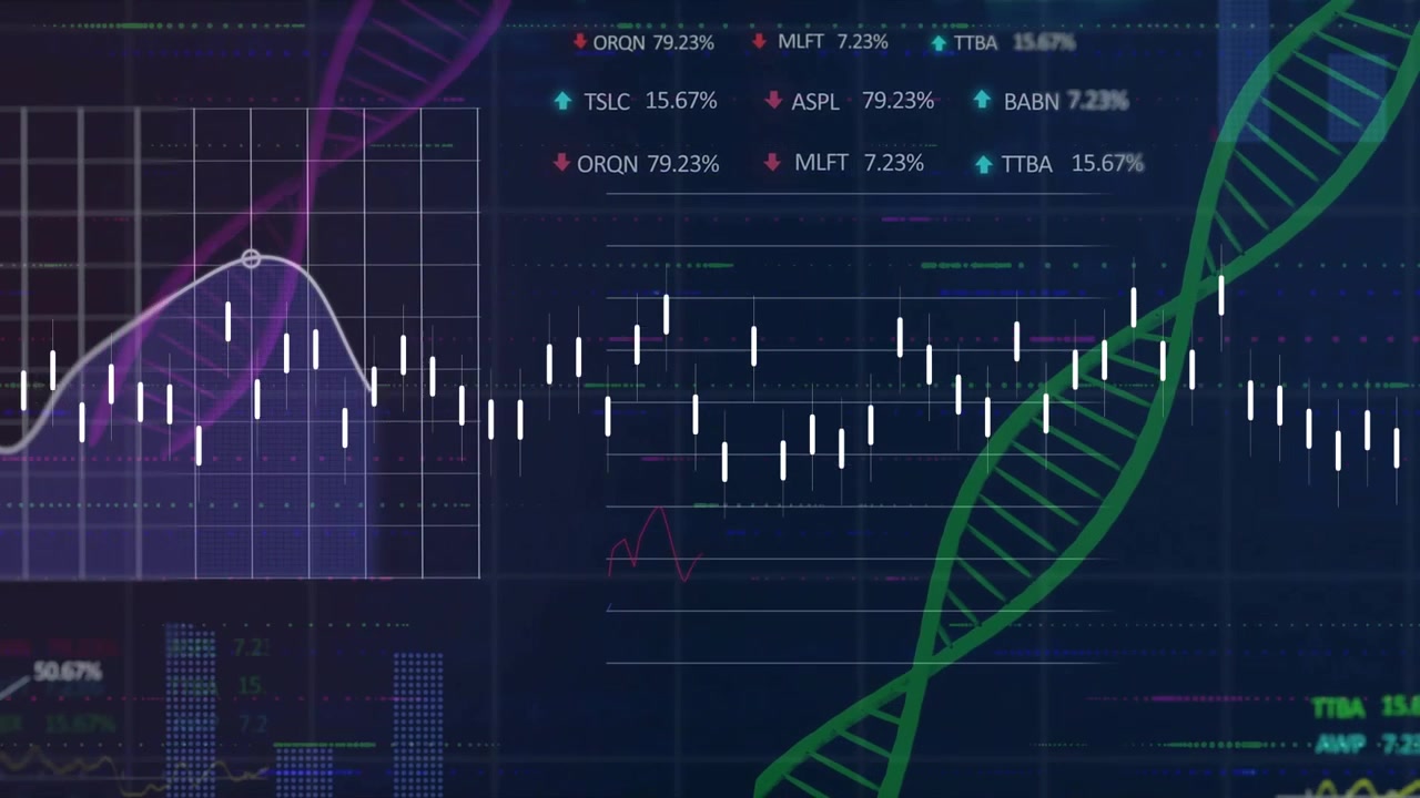Al caricamento dei dati, forma d'onda bianca pulsante ed eliche di DNA luminose per visualizzare le tendenze dei dati.