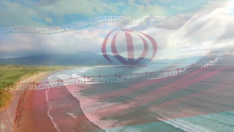 digital composition of iran flag waving against aerial view of waves in the sea