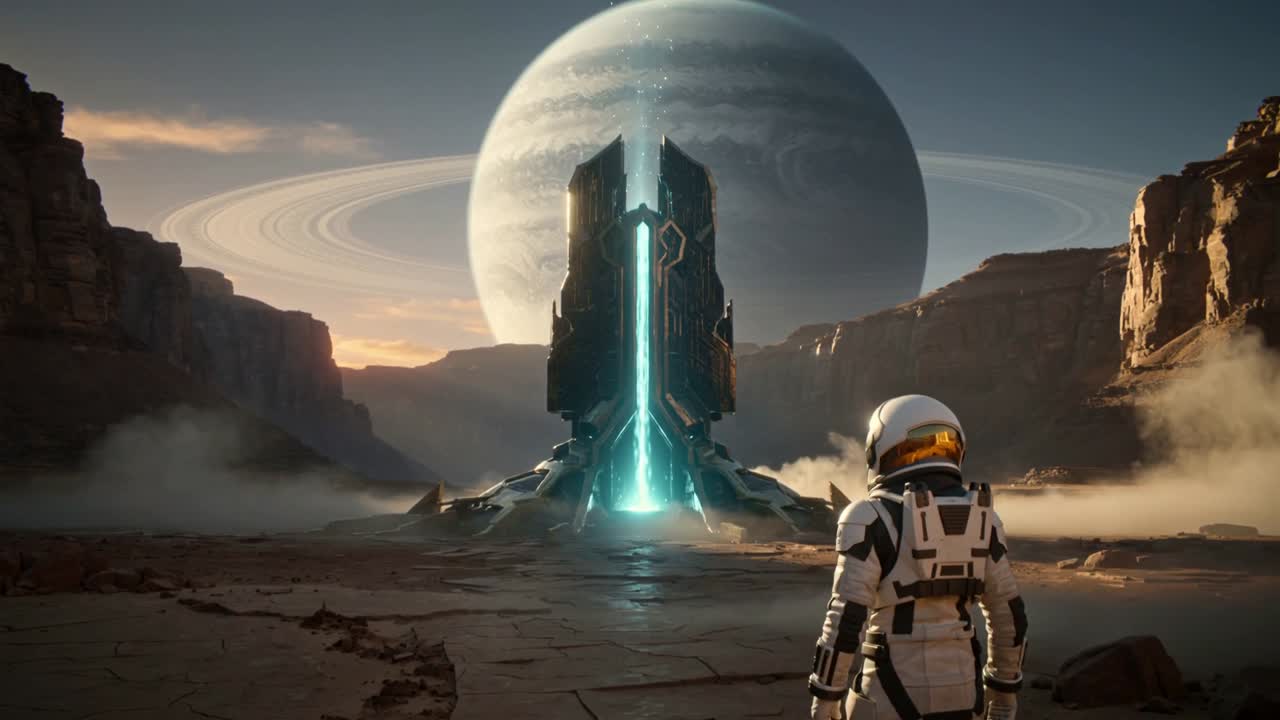 Walking astronaut examining tower in canyon as cyan glow, wearing EVA suit, gold visor, copy space