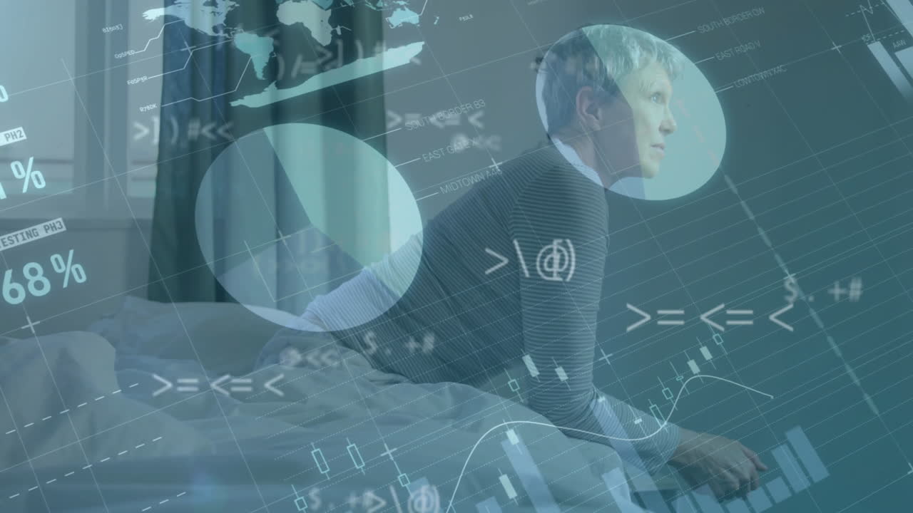 잠에서 깨어난 후 침대에 앉아있는 백인 여성에 대한 기호와 인포그래픽 인터페이스의 애니메이션