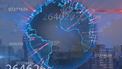 animation of globe and data processing over cityscape