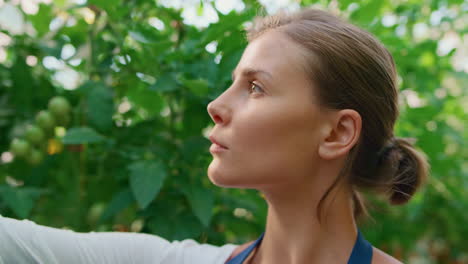 closeup woman agronomist analysing vegetables growth level in summer garden