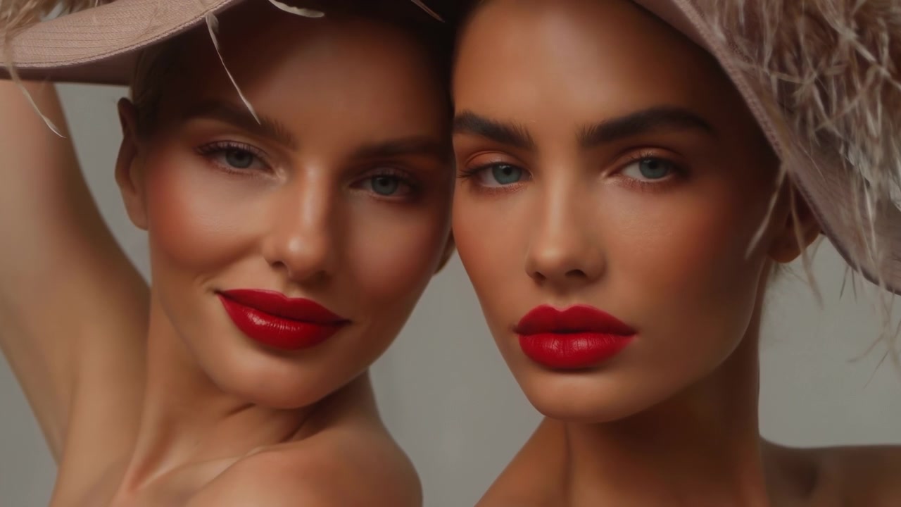 Primo piano di due donne caucasiche affascinanti che indossano cappelli a tesa larga piumati, rossetto rosso acceso e pelle abbronzata