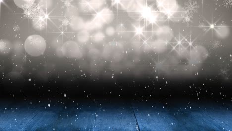 animation of snow falling over spots of light with copy space and wooden boards