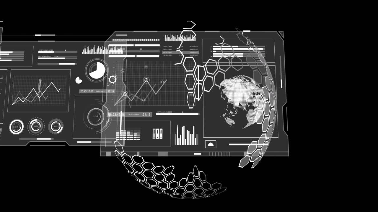 디지털 데이터 처리의 애니메이션과 검은 바탕에 있는 지구