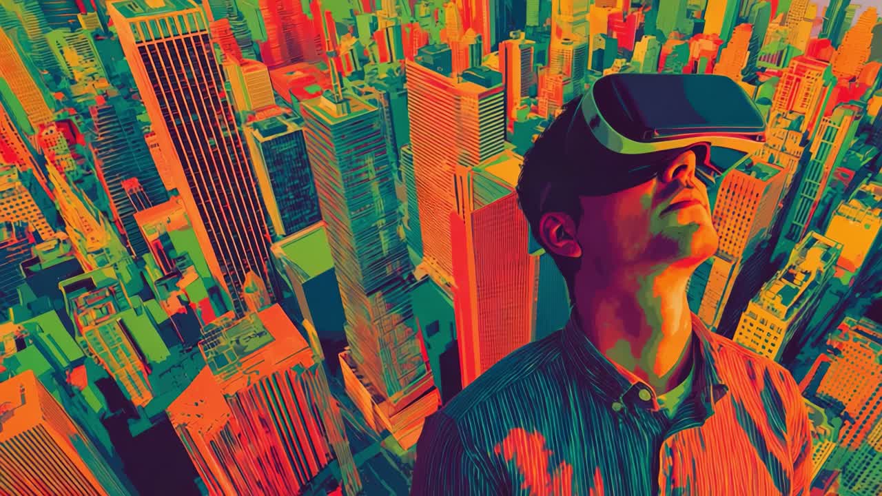 A Striking Visual Experience: A User Immersed in Virtual Reality Looks Over a Vibrant Cityscape with Lively Colors Representing the Future of Technology and Urban Exploration