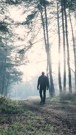 man walking in a foggy forest at sunrise