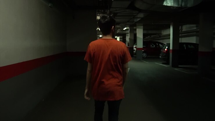 Uomo che cammina all'interno di un parcheggio sotterraneo