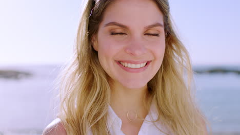 face, woman and beach holiday