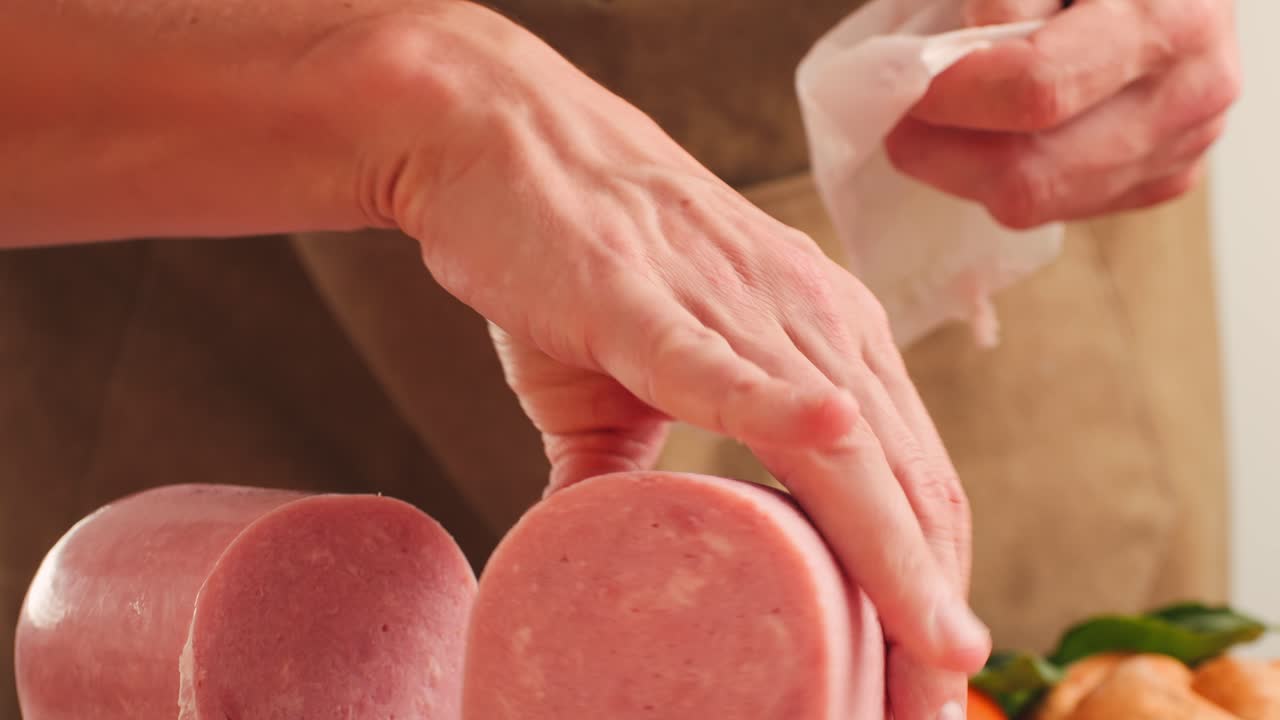 Ham italian mordatella, man Slices Of Traditional Italian antipasti mortadella sausage on a wooden cutting board, close up macro of chicken or turkey jamon, fat breakfast dish.
