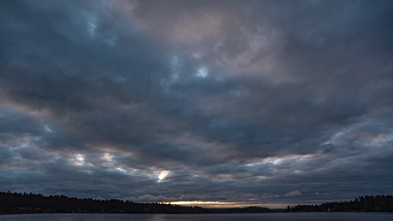 Post apocalyptic dreamscape time lapse of clouds rushing away over calm dangerous waters
