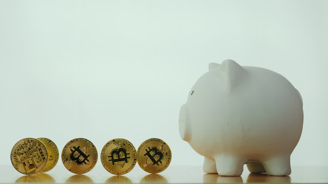 Hånden indsætter en Bitcoin-mønt i møntboksen på en hvid baggrund. Akkumulering af kryptovaluta.