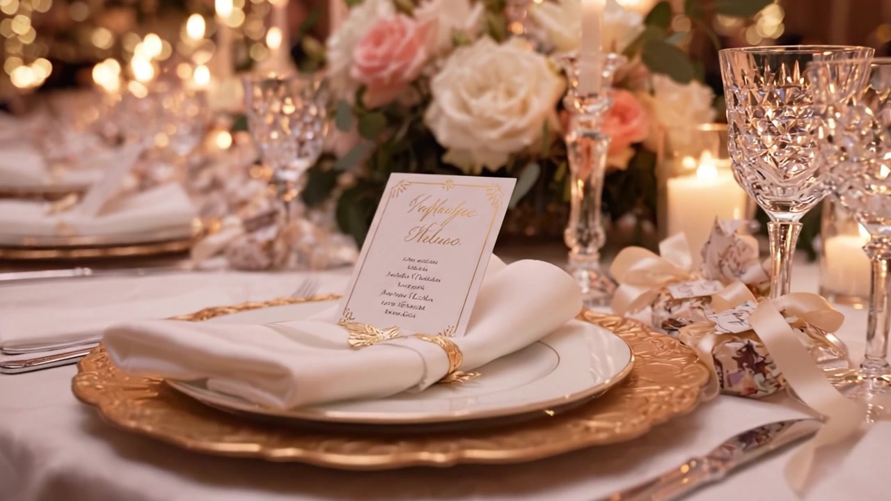 A Beautifully Decorated Table Setting Featuring Elegant Floral Arrangements, Candles, and Sparkling Glassware Ideal for a Romantic Wedding Reception