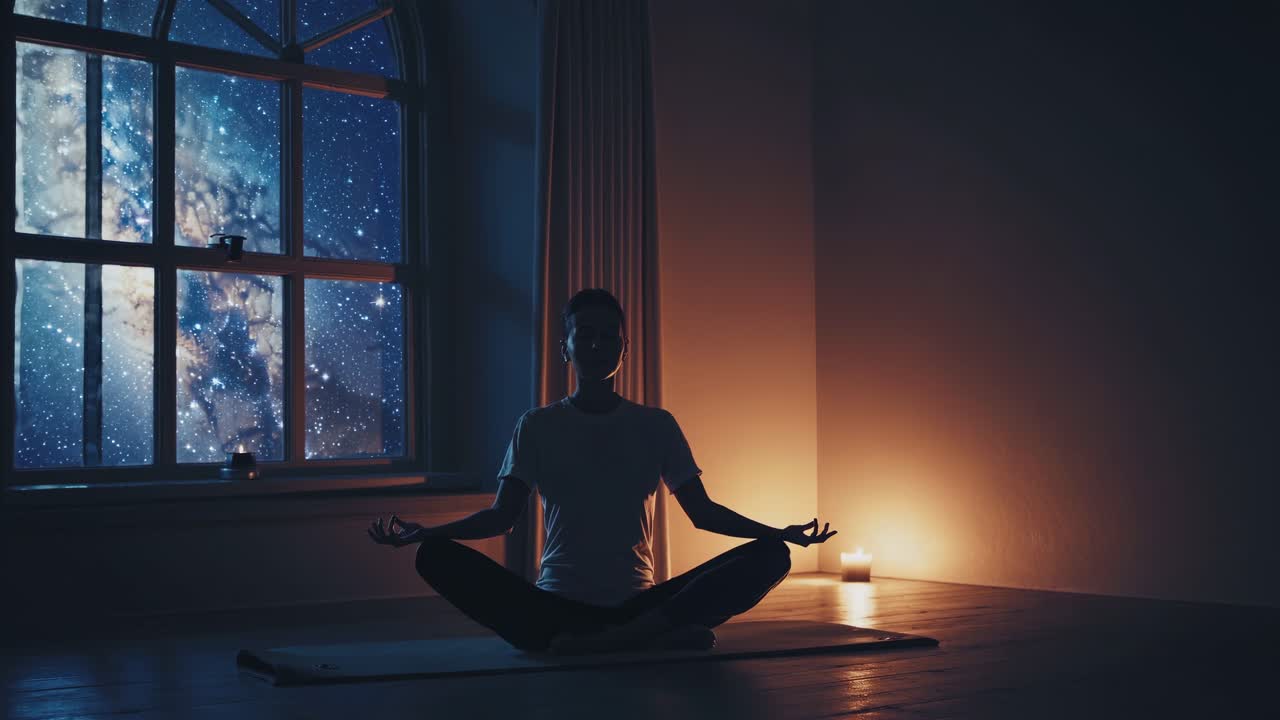 Silhouette of a person meditating in a dimly lit room with a galaxy view