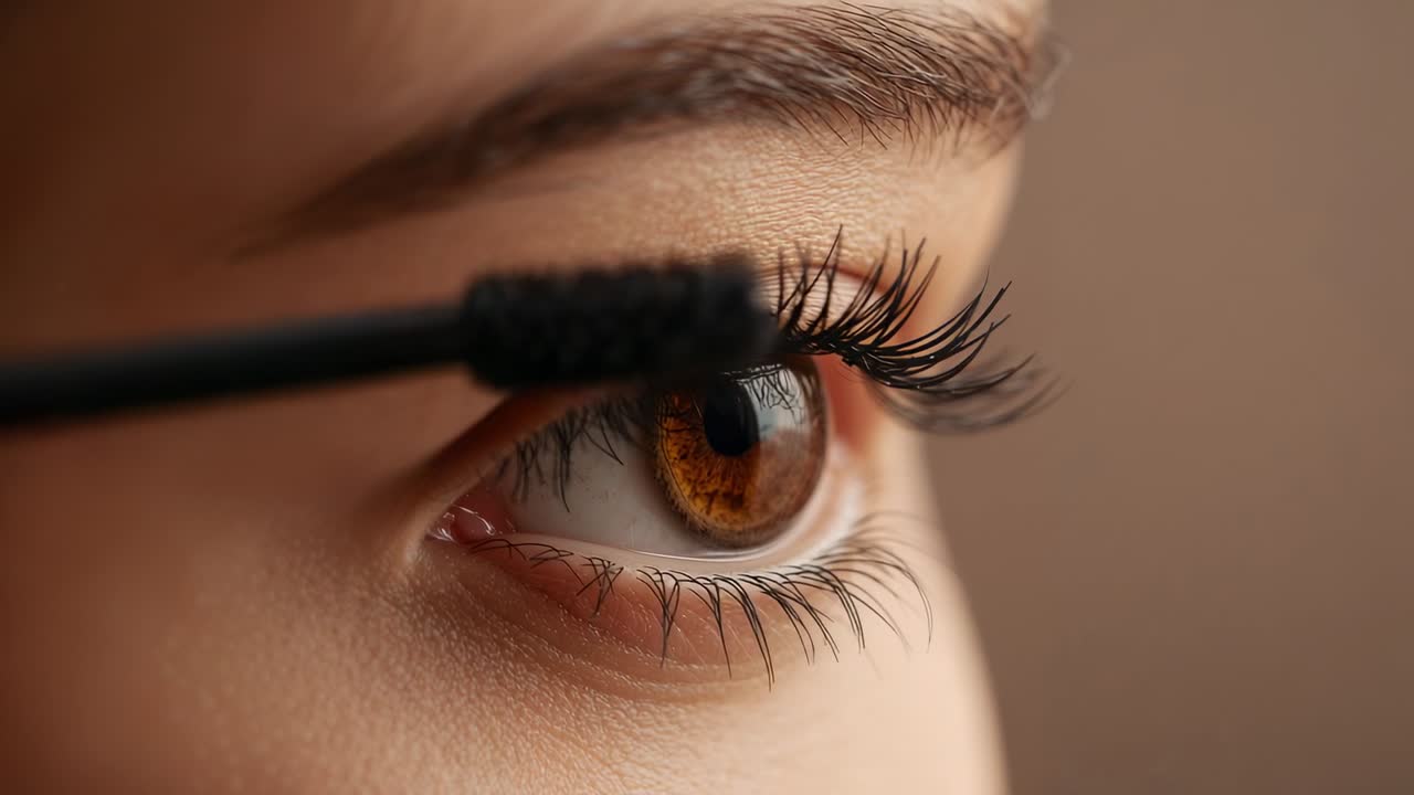 Brushing mascara wand approaching, coating woman's right lashes at vanity, lifting and darkening