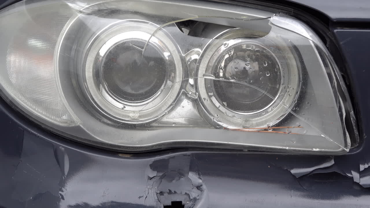 Close up of the headlights of a grey car on the street