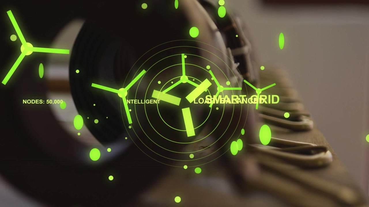 Camera focusing rack initiating green HUD over central cylinder, showing SMART GRID rings orbiting