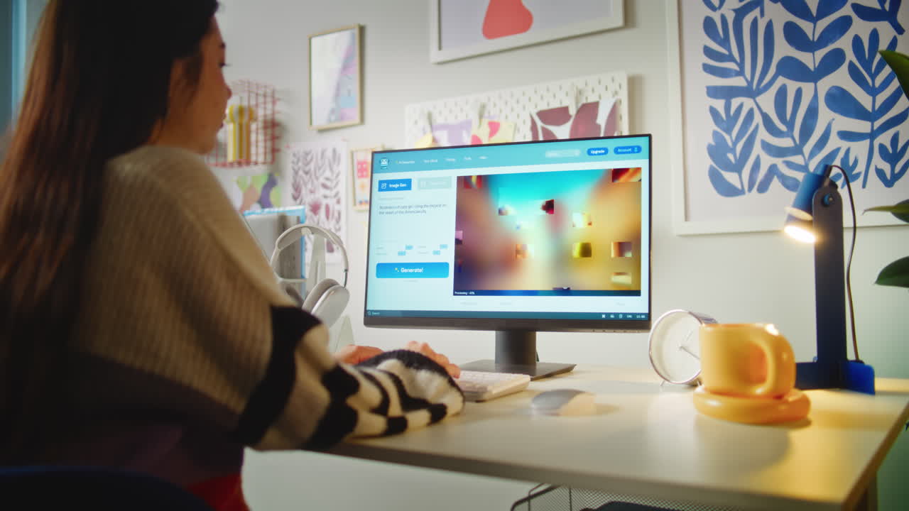 Woman working at a home office computer, using image editing software