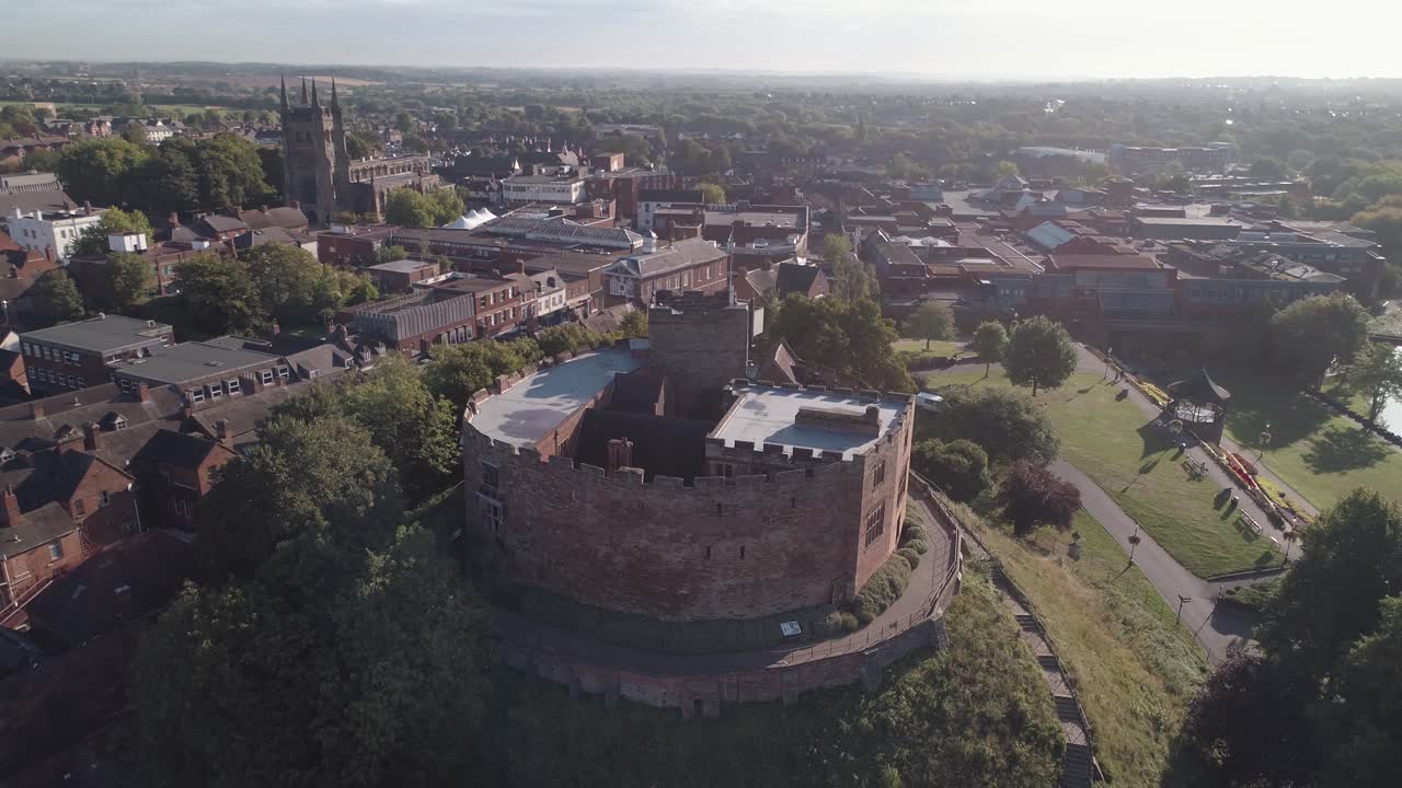 Aerial orbital of Tamworth castle from the south wall looking out over the town