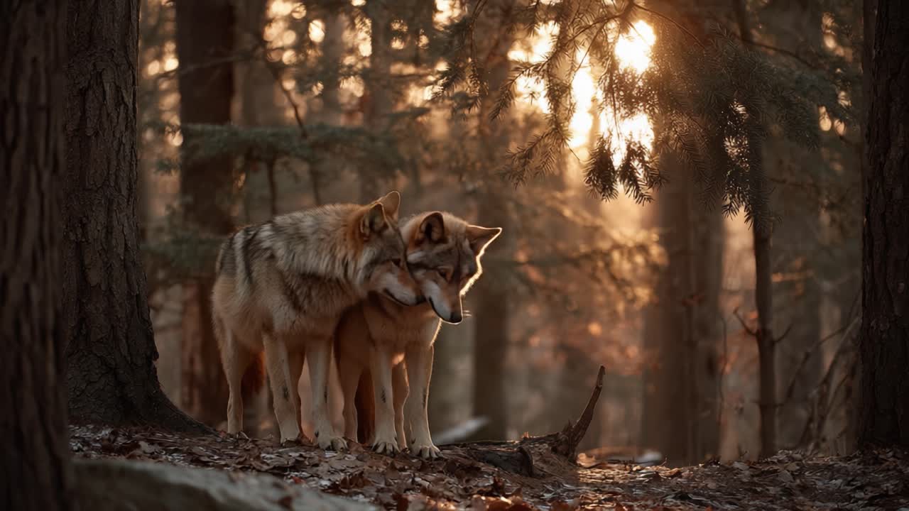 Two Wolves Together in the Forest at Sunset, Capturing a Moment of Connection and Natural Beauty Amidst Enchanting Golden Light