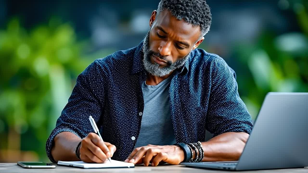 en man som sitter vid ett bord med en bärbar dator och en penna i handen