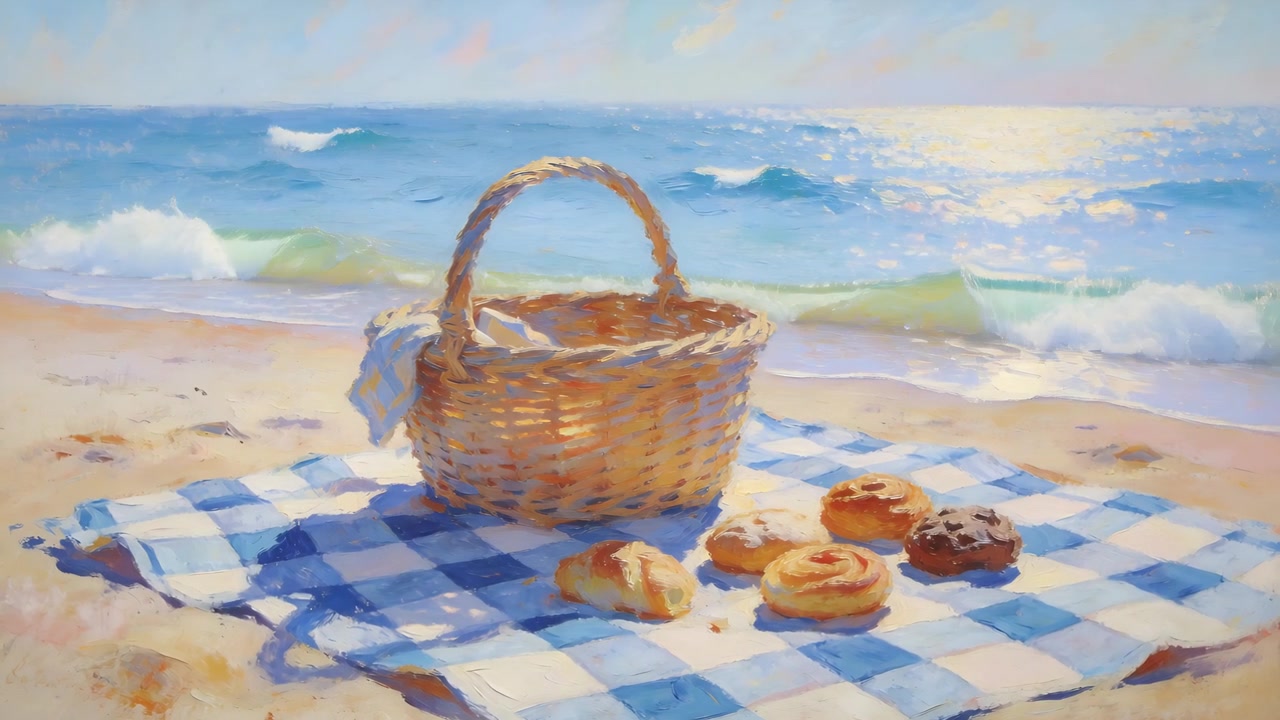 Shifting sun and waves nudging shadows around picnic basket on checked blanket at shore with treats