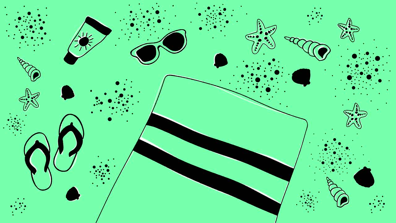 fondo de verano animado con objetos de playa dibujados a mano negra en verde