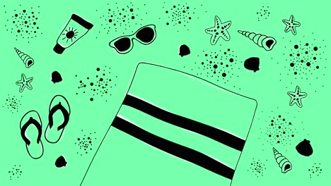 animated summer background with black hand drawn beach objects on green