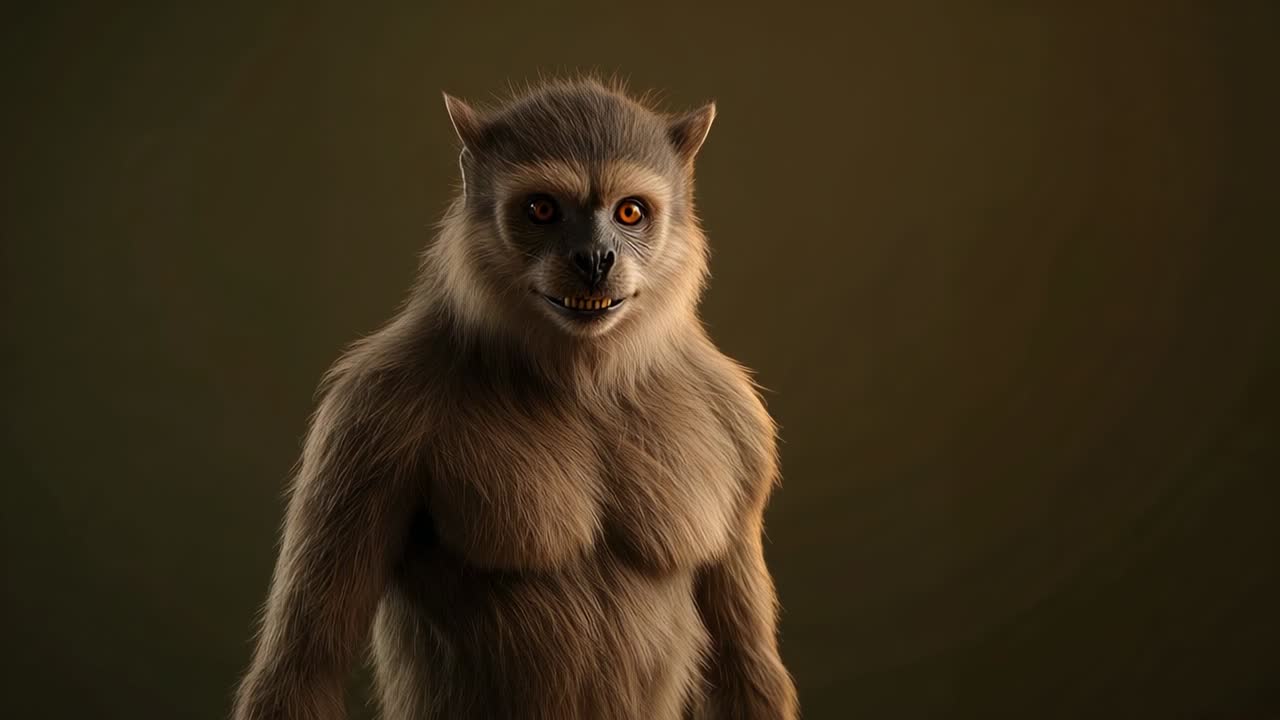 Recording ape-like creature shifting gaze, rotating head in studio, showing fur texture