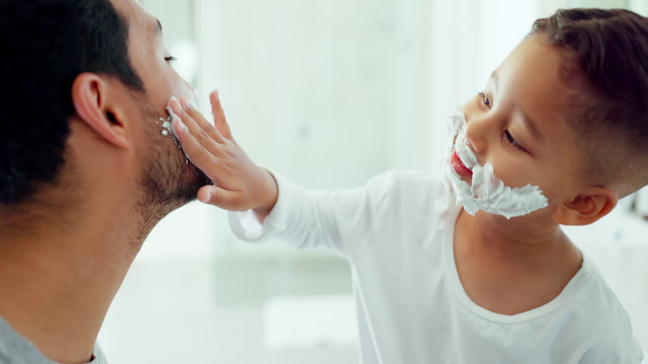 Beauty, shave and father with son in bathroom