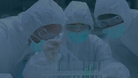 animación del efecto glitch sobre sobre equipo de diversos científicos que trabajan juntos en el laboratorio