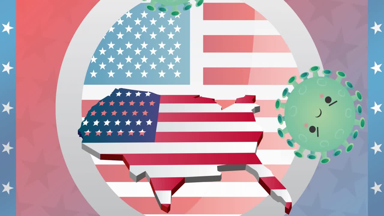 미국  ⁇ 발로 색칠된 미국 지도 위의 코로나바이러스 세포의 애니메이션