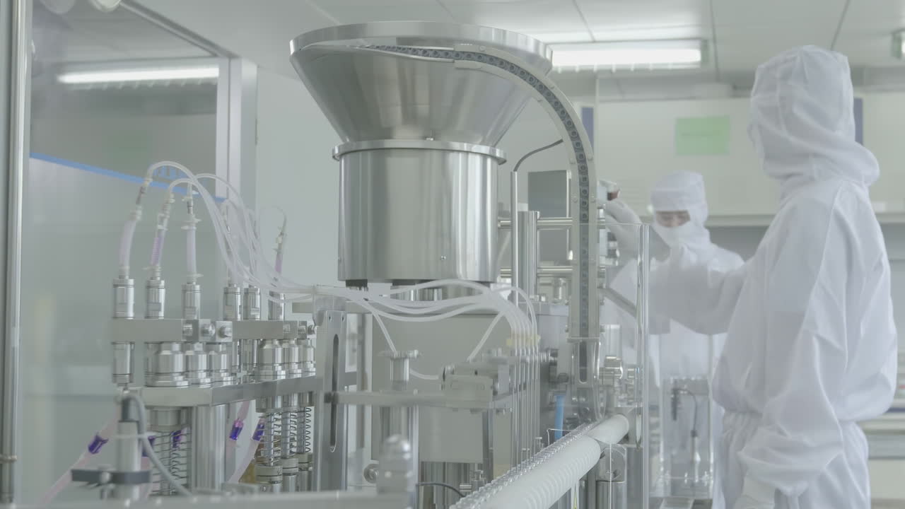Production Line Sterile Environment with Technicians protective clothing pharmaceutical in modern factory, laboratory worker filling vials with liquid, Scientist Testing Medical Vials on Conveyor Belt
