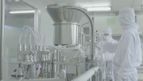 production line sterile environment with technicians protective clothing pharmaceutical in modern factory, laboratory worker filling vials with liquid, scientist testing medical vials on conveyor belt