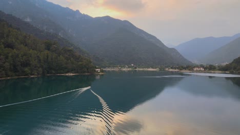 aerial view on the water of ledro lake, trentino, italy